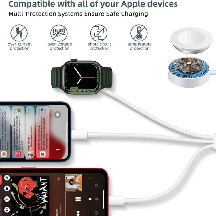Cabo de Carregamento Magnético USB 3 em 1 para Apple Watch Series & iPhone 1,2m/4ft, DS-XB016