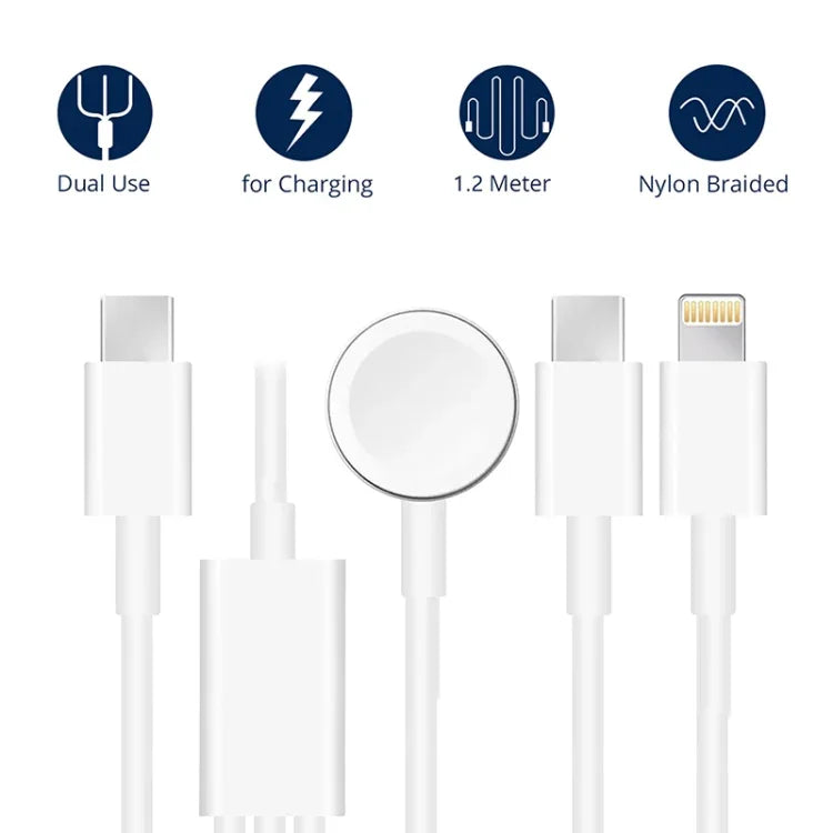 Cabo de Carregamento Magnético USB 3 em 1 para Apple Watch Series & Telemóvel com Duplo Plug Type-C 1,2m/4ft, DS-XB020