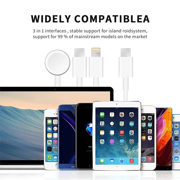 Cabo de Carregamento Magnético USB 3 em 1 para Apple Watch Series & Telemóvel com Duplo Plug Type-C 1,2m/4ft, DS-XB020