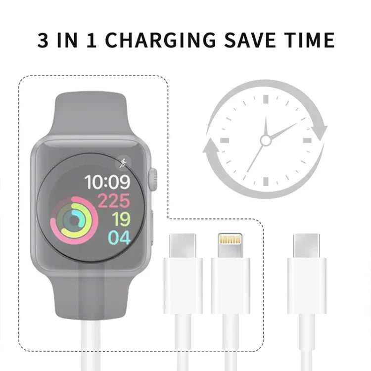 Cabo de Carregamento Magnético USB 3 em 1 para Apple Watch Series & Telemóvel com Duplo Plug Type-C 1,2m/4ft, DS-XB020