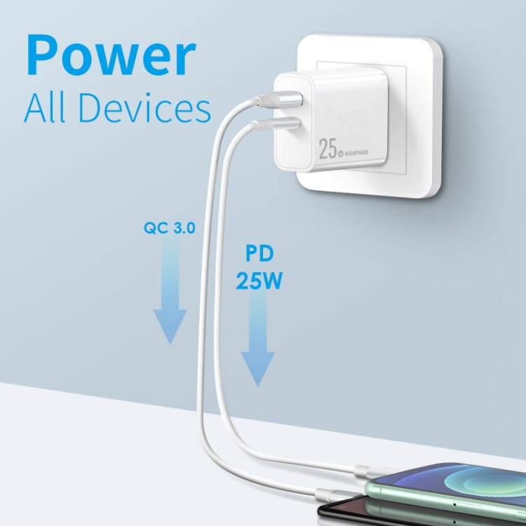 Carregador Rápido de Duas Portas NORTHJO NOPD2502 PD 25W USB-C/Type-C + QC 3.0 USB, Ficha US, Ficha UE, Ficha UK, Ficha AU