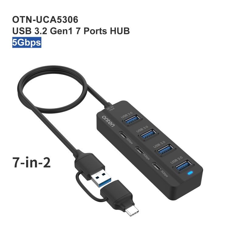 Estação de Acoplamento HUB USB3.0 + Type-C 7 Portas 7 em 2 Onten UCA5306 com Suporte a Função OTG, UCA5306