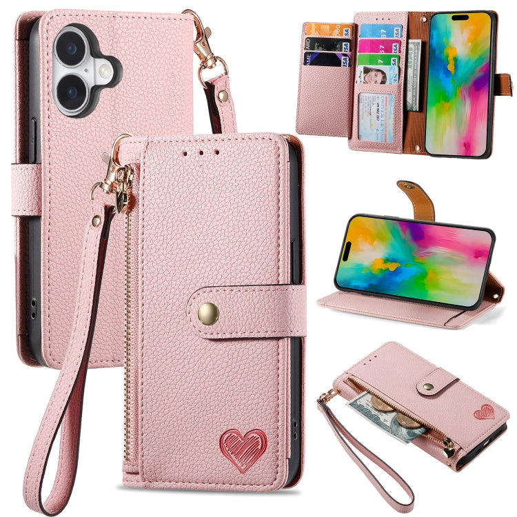 Capa de Telefone em Pele com Cordão e Fecho de Correr Love, Para iPhone 17e / 16e, Para iPhone 17 Pro Max, Para iPhone 17 Pro, Para iPhone 17, Para iPhone Air, Para iPhone 16 Pro Max, Para iPhone 16 Pro, Para iPhone 16 Plus