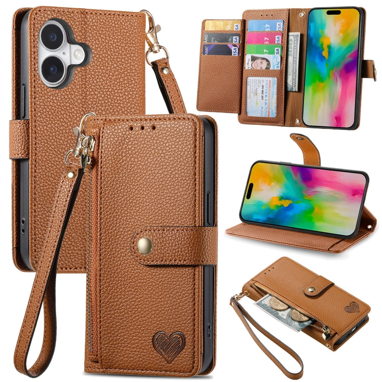 Capa de Telefone em Pele com Cordão e Fecho de Correr Love, Para iPhone 17e / 16e, Para iPhone 17 Pro Max, Para iPhone 17 Pro, Para iPhone 17, Para iPhone Air, Para iPhone 16 Pro Max, Para iPhone 16 Pro, Para iPhone 16 Plus