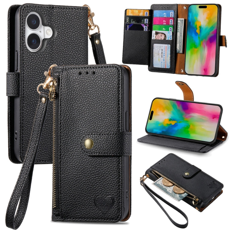 Capa de Telefone em Pele com Cordão e Fecho de Correr Love, Para iPhone 17e / 16e, Para iPhone 17 Pro Max, Para iPhone 17 Pro, Para iPhone 17, Para iPhone Air, Para iPhone 16 Pro Max, Para iPhone 16 Pro, Para iPhone 16 Plus
