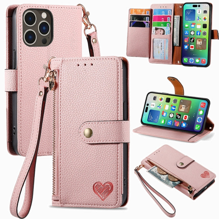 Capa de Telefone em Pele com Cordão e Fecho de Correr Love, Para iPhone 17e / 16e, Para iPhone 17 Pro Max, Para iPhone 17 Pro, Para iPhone 17, Para iPhone Air, Para iPhone 16 Pro Max, Para iPhone 16 Pro, Para iPhone 16 Plus