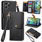 Capa de Telefone em Pele com Cordão e Fecho de Correr Love, Para iPhone 17e / 16e, Para iPhone 17 Pro Max, Para iPhone 17 Pro, Para iPhone 17, Para iPhone Air, Para iPhone 16 Pro Max, Para iPhone 16 Pro, Para iPhone 16 Plus