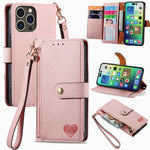 Capa de Telefone em Pele com Cordão e Fecho de Correr Love, Para iPhone 17e / 16e, Para iPhone 17 Pro Max, Para iPhone 17 Pro, Para iPhone 17, Para iPhone Air, Para iPhone 16 Pro Max, Para iPhone 16 Pro, Para iPhone 16 Plus