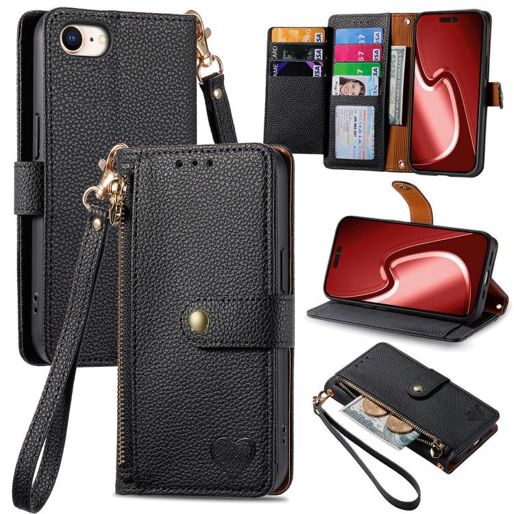 Capa de Telefone em Pele com Cordão e Fecho de Correr Love, Para iPhone 17e / 16e, Para iPhone 17 Pro Max, Para iPhone 17 Pro, Para iPhone 17, Para iPhone Air, Para iPhone 16 Pro Max, Para iPhone 16 Pro, Para iPhone 16 Plus