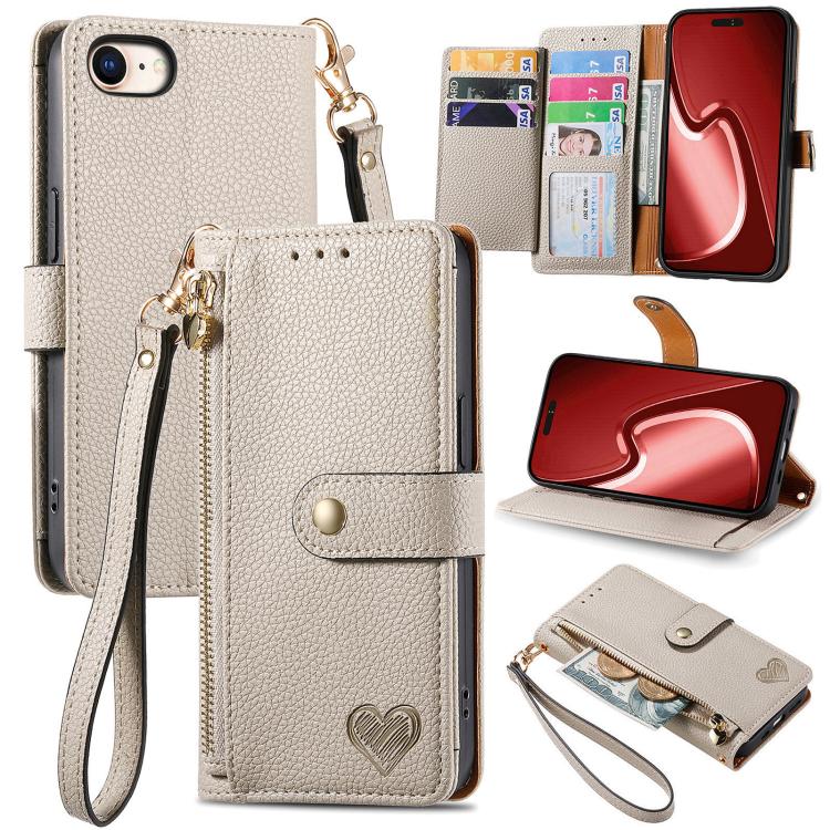 Capa de Telefone em Pele com Cordão e Fecho de Correr Love, Para iPhone 17e / 16e, Para iPhone 17 Pro Max, Para iPhone 17 Pro, Para iPhone 17, Para iPhone Air, Para iPhone 16 Pro Max, Para iPhone 16 Pro, Para iPhone 16 Plus