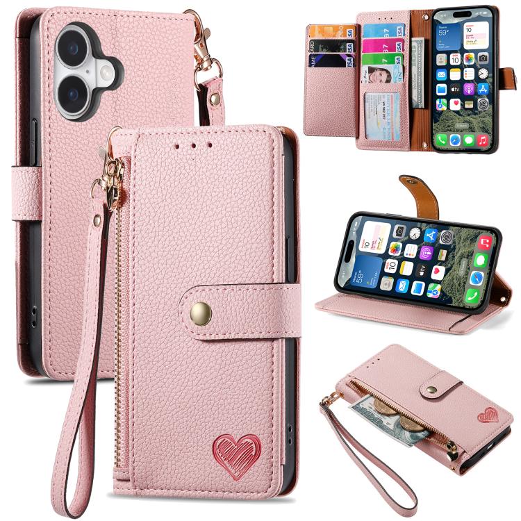 Capa de Telefone em Pele com Cordão e Fecho de Correr Love, Para iPhone 17e / 16e, Para iPhone 17 Pro Max, Para iPhone 17 Pro, Para iPhone 17, Para iPhone Air, Para iPhone 16 Pro Max, Para iPhone 16 Pro, Para iPhone 16 Plus
