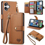 Capa de Telefone em Pele com Cordão e Fecho de Correr Love, Para iPhone 17e / 16e, Para iPhone 17 Pro Max, Para iPhone 17 Pro, Para iPhone 17, Para iPhone Air, Para iPhone 16 Pro Max, Para iPhone 16 Pro, Para iPhone 16 Plus