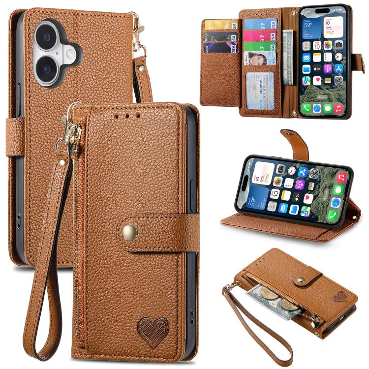 Capa de Telefone em Pele com Cordão e Fecho de Correr Love, Para iPhone 17e / 16e, Para iPhone 17 Pro Max, Para iPhone 17 Pro, Para iPhone 17, Para iPhone Air, Para iPhone 16 Pro Max, Para iPhone 16 Pro, Para iPhone 16 Plus