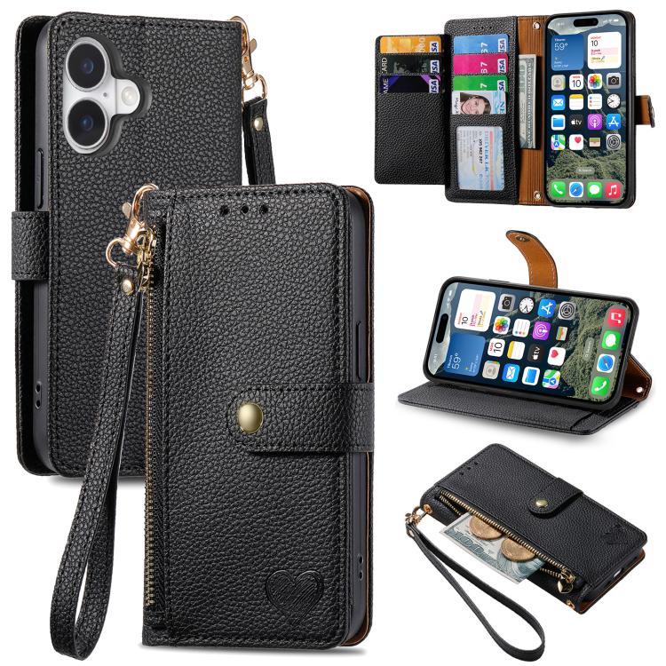 Capa de Telefone em Pele com Cordão e Fecho de Correr Love, Para iPhone 17e / 16e, Para iPhone 17 Pro Max, Para iPhone 17 Pro, Para iPhone 17, Para iPhone Air, Para iPhone 16 Pro Max, Para iPhone 16 Pro, Para iPhone 16 Plus