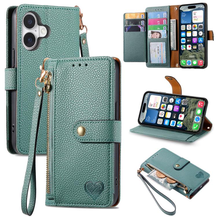 Capa de Telefone em Pele com Cordão e Fecho de Correr Love, Para iPhone 17e / 16e, Para iPhone 17 Pro Max, Para iPhone 17 Pro, Para iPhone 17, Para iPhone Air, Para iPhone 16 Pro Max, Para iPhone 16 Pro, Para iPhone 16 Plus