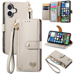 Capa de Telefone em Pele com Cordão e Fecho de Correr Love, Para iPhone 17e / 16e, Para iPhone 17 Pro Max, Para iPhone 17 Pro, Para iPhone 17, Para iPhone Air, Para iPhone 16 Pro Max, Para iPhone 16 Pro, Para iPhone 16 Plus