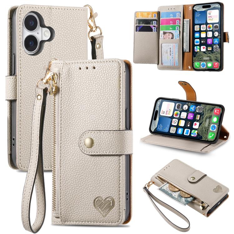 Capa de Telefone em Pele com Cordão e Fecho de Correr Love, Para iPhone 17e / 16e, Para iPhone 17 Pro Max, Para iPhone 17 Pro, Para iPhone 17, Para iPhone Air, Para iPhone 16 Pro Max, Para iPhone 16 Pro, Para iPhone 16 Plus