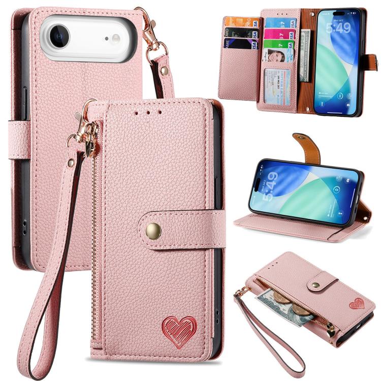 Capa de Telefone em Pele com Cordão e Fecho de Correr Love, Para iPhone 17e / 16e, Para iPhone 17 Pro Max, Para iPhone 17 Pro, Para iPhone 17, Para iPhone Air, Para iPhone 16 Pro Max, Para iPhone 16 Pro, Para iPhone 16 Plus
