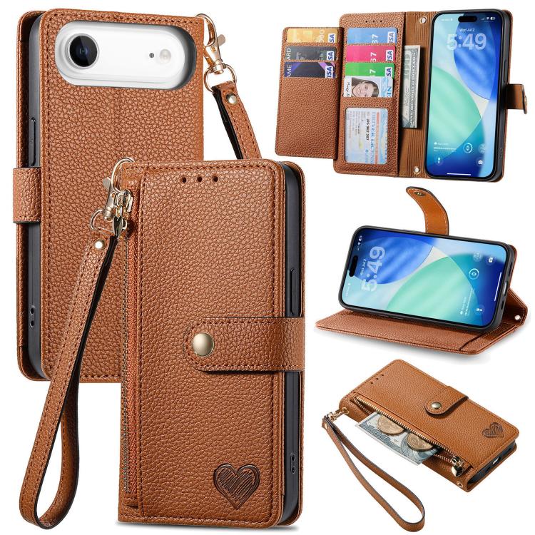 Capa de Telefone em Pele com Cordão e Fecho de Correr Love, Para iPhone 17e / 16e, Para iPhone 17 Pro Max, Para iPhone 17 Pro, Para iPhone 17, Para iPhone Air, Para iPhone 16 Pro Max, Para iPhone 16 Pro, Para iPhone 16 Plus