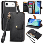 Capa de Telefone em Pele com Cordão e Fecho de Correr Love, Para iPhone 17e / 16e, Para iPhone 17 Pro Max, Para iPhone 17 Pro, Para iPhone 17, Para iPhone Air, Para iPhone 16 Pro Max, Para iPhone 16 Pro, Para iPhone 16 Plus
