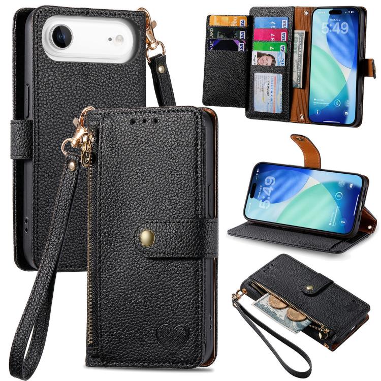 Capa de Telefone em Pele com Cordão e Fecho de Correr Love, Para iPhone 17e / 16e, Para iPhone 17 Pro Max, Para iPhone 17 Pro, Para iPhone 17, Para iPhone Air, Para iPhone 16 Pro Max, Para iPhone 16 Pro, Para iPhone 16 Plus