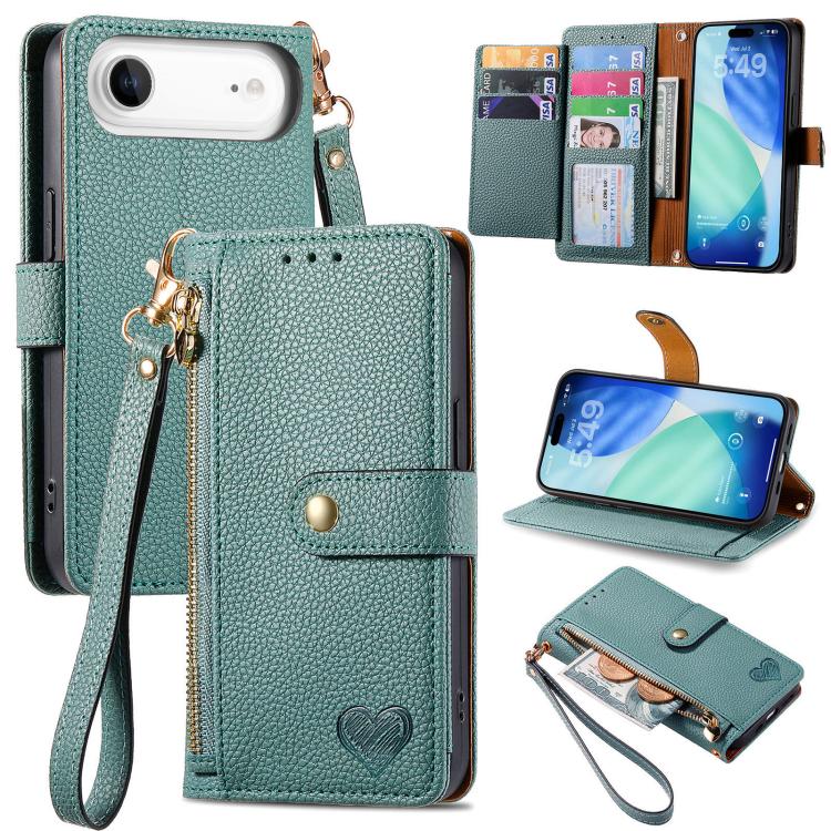 Capa de Telefone em Pele com Cordão e Fecho de Correr Love, Para iPhone 17e / 16e, Para iPhone 17 Pro Max, Para iPhone 17 Pro, Para iPhone 17, Para iPhone Air, Para iPhone 16 Pro Max, Para iPhone 16 Pro, Para iPhone 16 Plus