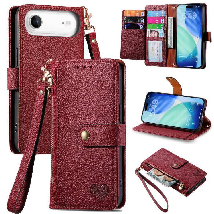 Capa de Telefone em Pele com Cordão e Fecho de Correr Love, Para iPhone 17e / 16e, Para iPhone 17 Pro Max, Para iPhone 17 Pro, Para iPhone 17, Para iPhone Air, Para iPhone 16 Pro Max, Para iPhone 16 Pro, Para iPhone 16 Plus