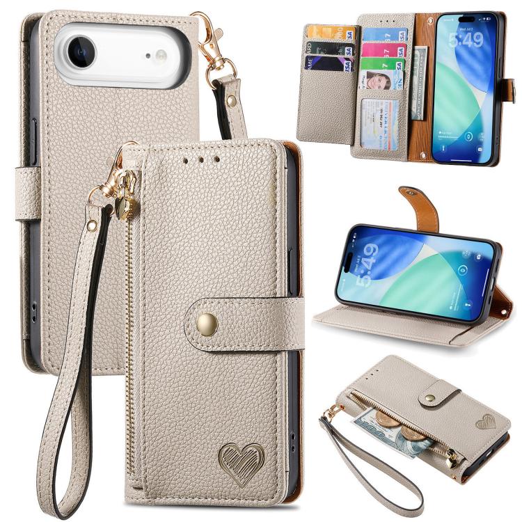 Capa de Telefone em Pele com Cordão e Fecho de Correr Love, Para iPhone 17e / 16e, Para iPhone 17 Pro Max, Para iPhone 17 Pro, Para iPhone 17, Para iPhone Air, Para iPhone 16 Pro Max, Para iPhone 16 Pro, Para iPhone 16 Plus