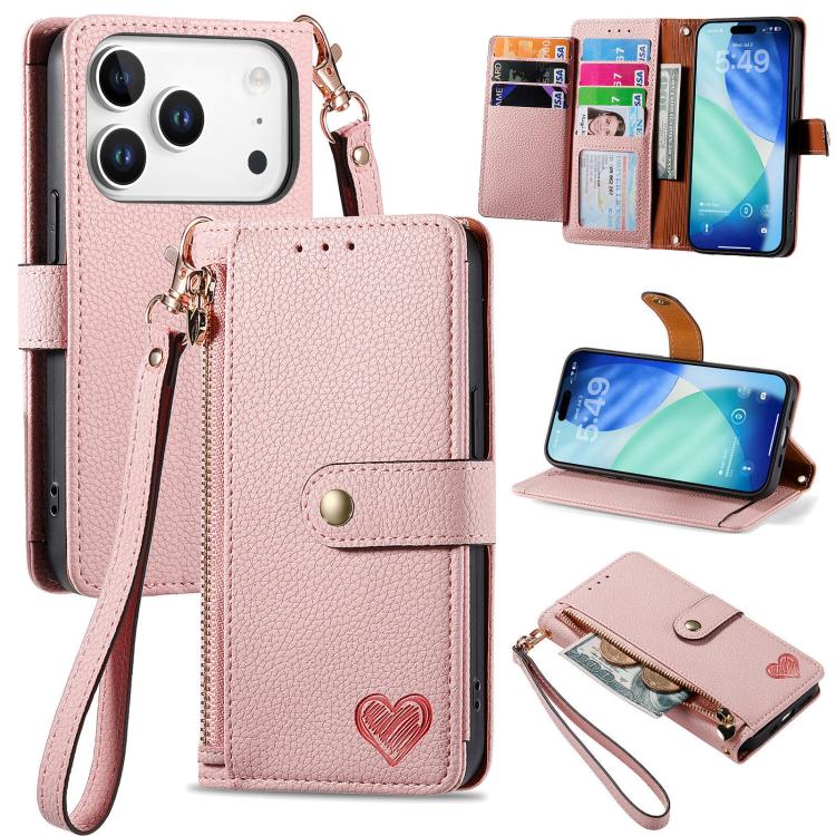 Capa de Telefone em Pele com Cordão e Fecho de Correr Love, Para iPhone 17e / 16e, Para iPhone 17 Pro Max, Para iPhone 17 Pro, Para iPhone 17, Para iPhone Air, Para iPhone 16 Pro Max, Para iPhone 16 Pro, Para iPhone 16 Plus