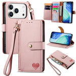 Capa de Telefone em Pele com Cordão e Fecho de Correr Love, Para iPhone 17e / 16e, Para iPhone 17 Pro Max, Para iPhone 17 Pro, Para iPhone 17, Para iPhone Air, Para iPhone 16 Pro Max, Para iPhone 16 Pro, Para iPhone 16 Plus