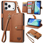 Capa de Telefone em Pele com Cordão e Fecho de Correr Love, Para iPhone 17e / 16e, Para iPhone 17 Pro Max, Para iPhone 17 Pro, Para iPhone 17, Para iPhone Air, Para iPhone 16 Pro Max, Para iPhone 16 Pro, Para iPhone 16 Plus