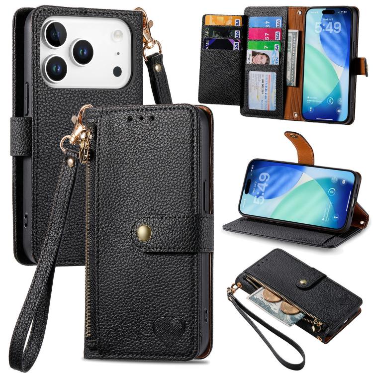 Capa de Telefone em Pele com Cordão e Fecho de Correr Love, Para iPhone 17e / 16e, Para iPhone 17 Pro Max, Para iPhone 17 Pro, Para iPhone 17, Para iPhone Air, Para iPhone 16 Pro Max, Para iPhone 16 Pro, Para iPhone 16 Plus