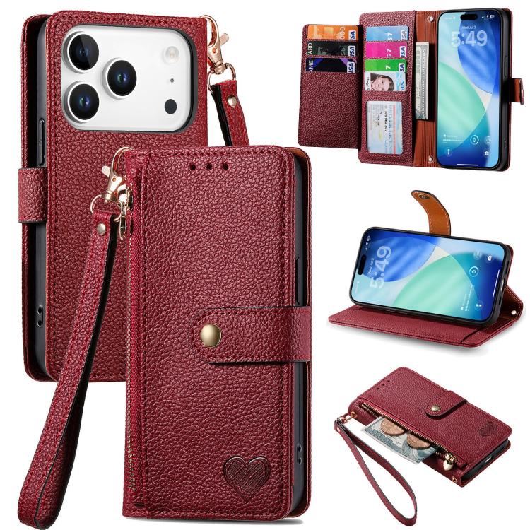 Capa de Telefone em Pele com Cordão e Fecho de Correr Love, Para iPhone 17e / 16e, Para iPhone 17 Pro Max, Para iPhone 17 Pro, Para iPhone 17, Para iPhone Air, Para iPhone 16 Pro Max, Para iPhone 16 Pro, Para iPhone 16 Plus