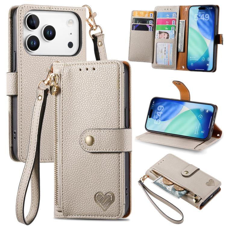 Capa de Telefone em Pele com Cordão e Fecho de Correr Love, Para iPhone 17e / 16e, Para iPhone 17 Pro Max, Para iPhone 17 Pro, Para iPhone 17, Para iPhone Air, Para iPhone 16 Pro Max, Para iPhone 16 Pro, Para iPhone 16 Plus