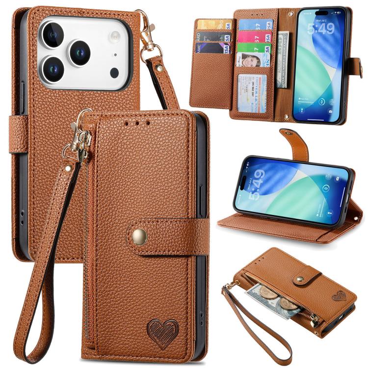 Capa de Telefone em Pele com Cordão e Fecho de Correr Love, Para iPhone 17e / 16e, Para iPhone 17 Pro Max, Para iPhone 17 Pro, Para iPhone 17, Para iPhone Air, Para iPhone 16 Pro Max, Para iPhone 16 Pro, Para iPhone 16 Plus