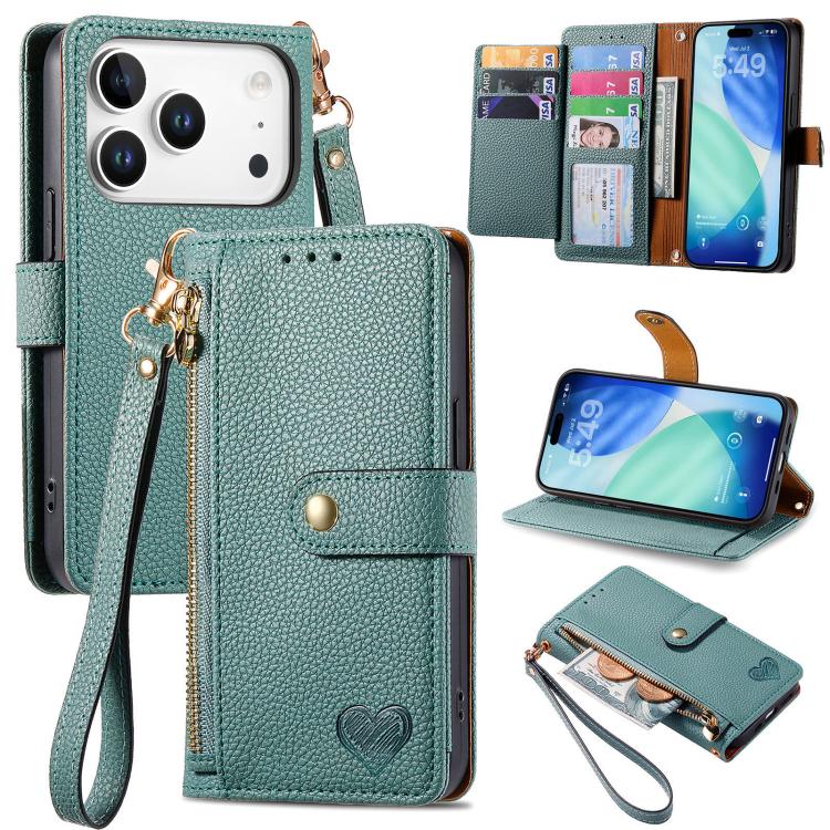 Capa de Telefone em Pele com Cordão e Fecho de Correr Love, Para iPhone 17e / 16e, Para iPhone 17 Pro Max, Para iPhone 17 Pro, Para iPhone 17, Para iPhone Air, Para iPhone 16 Pro Max, Para iPhone 16 Pro, Para iPhone 16 Plus
