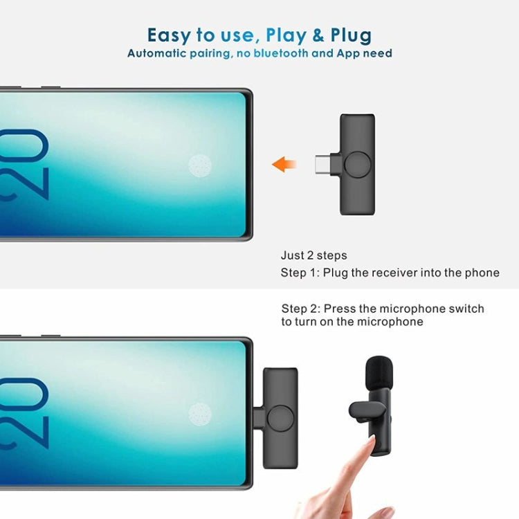 Microfone Lapela Sem Fios para Telemóvel Android e Computador com Recetor USB-C / Tipo-C, Um por Um, Um por Dois