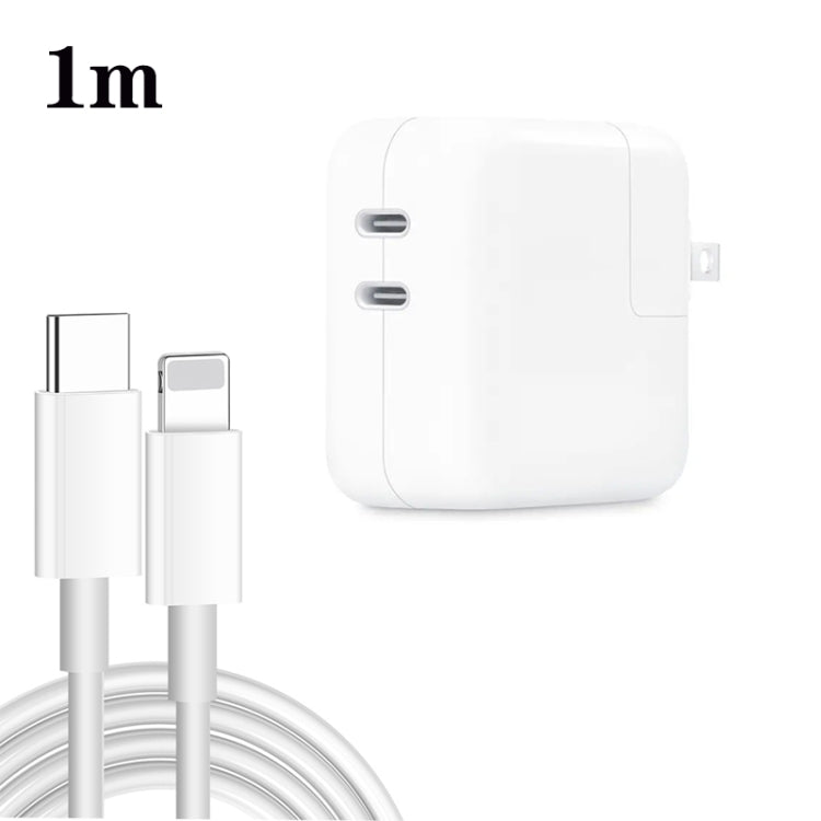 Carregador de Dupla Porta 35W PD3.0 USB-C / Type-C com Cabo de Dados Type-C para 8 Pinos, Ficha EUA, Ficha EUA + Cabo 8 Pinos 1m, Ficha EUA + Cabo 8 Pinos 2m