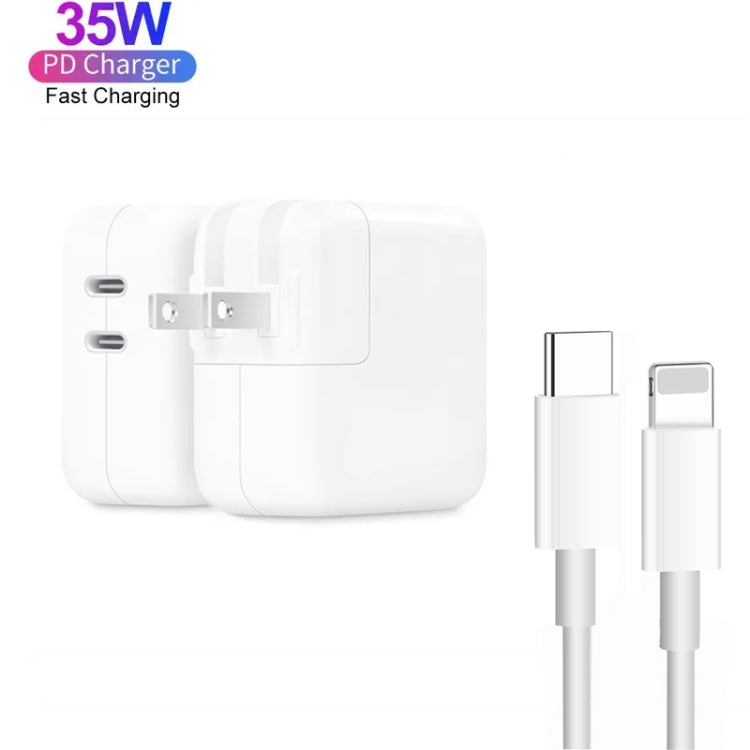 Carregador de Dupla Porta 35W PD3.0 USB-C / Type-C com Cabo de Dados Type-C para 8 Pinos, Ficha EUA, Ficha EUA + Cabo 8 Pinos 1m, Ficha EUA + Cabo 8 Pinos 2m