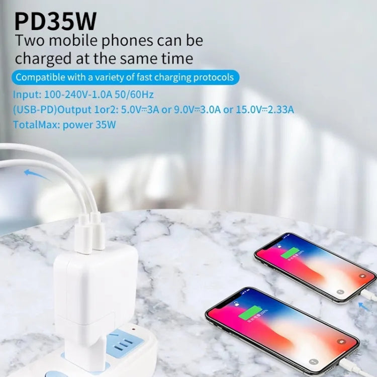 Carregador de Dupla Porta 35W PD3.0 USB-C / Type-C com Cabo de Dados Type-C para 8 Pinos, Ficha EUA, Ficha EUA + Cabo 8 Pinos 1m, Ficha EUA + Cabo 8 Pinos 2m