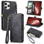 Capa de Telemóvel em Pele com Carteira de Fecho Geométrico e Fivela Lateral, Para iPhone 17e / 16e, Para iPhone 17 Pro Max, Para iPhone 17 Pro, Para iPhone 17, Para iPhone Air, Para iPhone 16 Pro Max, Para iPhone 16 Pro, Para iPhone 16 Plus