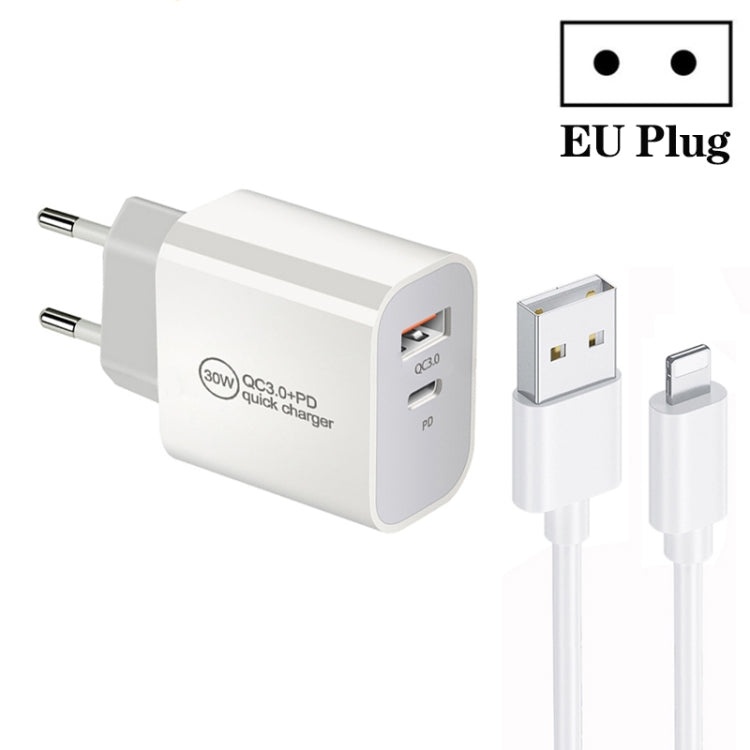 Carregador de Porta Dupla PD30W USB-C / Tipo-C + QC3.0 USB com Cabo de Dados USB para 8 Pinos de 1m, Ficha UE, Ficha EUA, Ficha AU