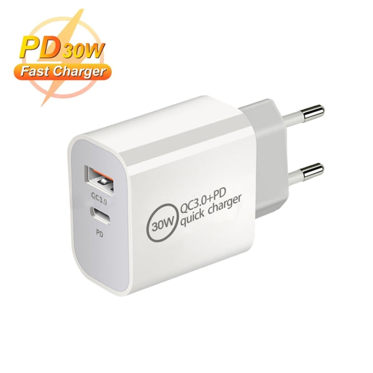 Carregador de Porta Dupla PD30W USB-C / Tipo-C + QC3.0 USB com Cabo de Dados USB para 8 Pinos de 1m, Ficha UE, Ficha EUA, Ficha AU