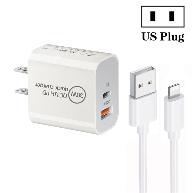 Carregador de Porta Dupla PD30W USB-C / Tipo-C + QC3.0 USB com Cabo de Dados USB para 8 Pinos de 1m, Ficha UE, Ficha EUA, Ficha AU
