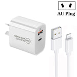 Carregador de Porta Dupla PD30W USB-C / Tipo-C + QC3.0 USB com Cabo de Dados USB para 8 Pinos de 1m, Ficha UE, Ficha EUA, Ficha AU