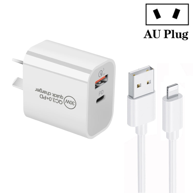 Carregador de Porta Dupla PD30W USB-C / Tipo-C + QC3.0 USB com Cabo de Dados USB para 8 Pinos de 1m, Ficha UE, Ficha EUA, Ficha AU