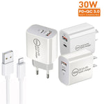 Carregador de Porta Dupla PD30W USB-C / Tipo-C + QC3.0 USB com Cabo de Dados USB para 8 Pinos de 1m, Ficha UE, Ficha EUA, Ficha AU