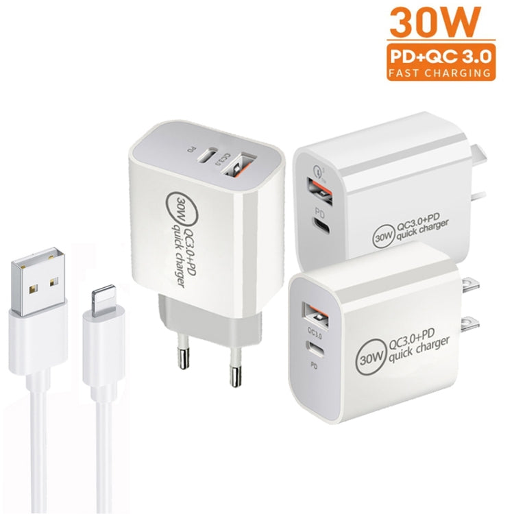 Carregador de Porta Dupla PD30W USB-C / Tipo-C + QC3.0 USB com Cabo de Dados USB para 8 Pinos de 1m, Ficha UE, Ficha EUA, Ficha AU
