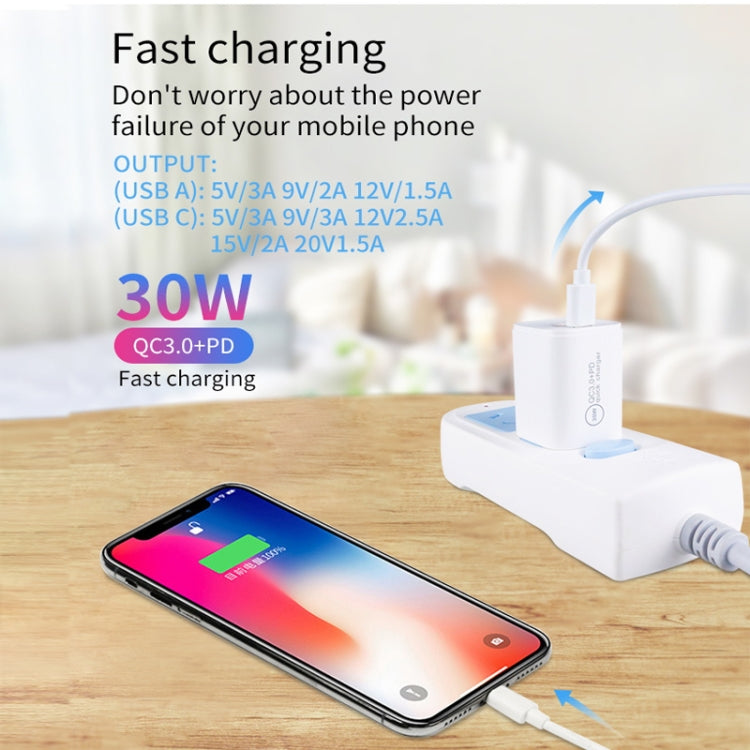 Carregador de Porta Dupla PD30W USB-C / Tipo-C + QC3.0 USB com Cabo de Dados USB para 8 Pinos de 1m, Ficha UE, Ficha EUA, Ficha AU