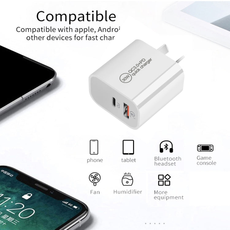 Carregador de Porta Dupla PD30W USB-C / Tipo-C + QC3.0 USB com Cabo de Dados USB para 8 Pinos de 1m, Ficha UE, Ficha EUA, Ficha AU